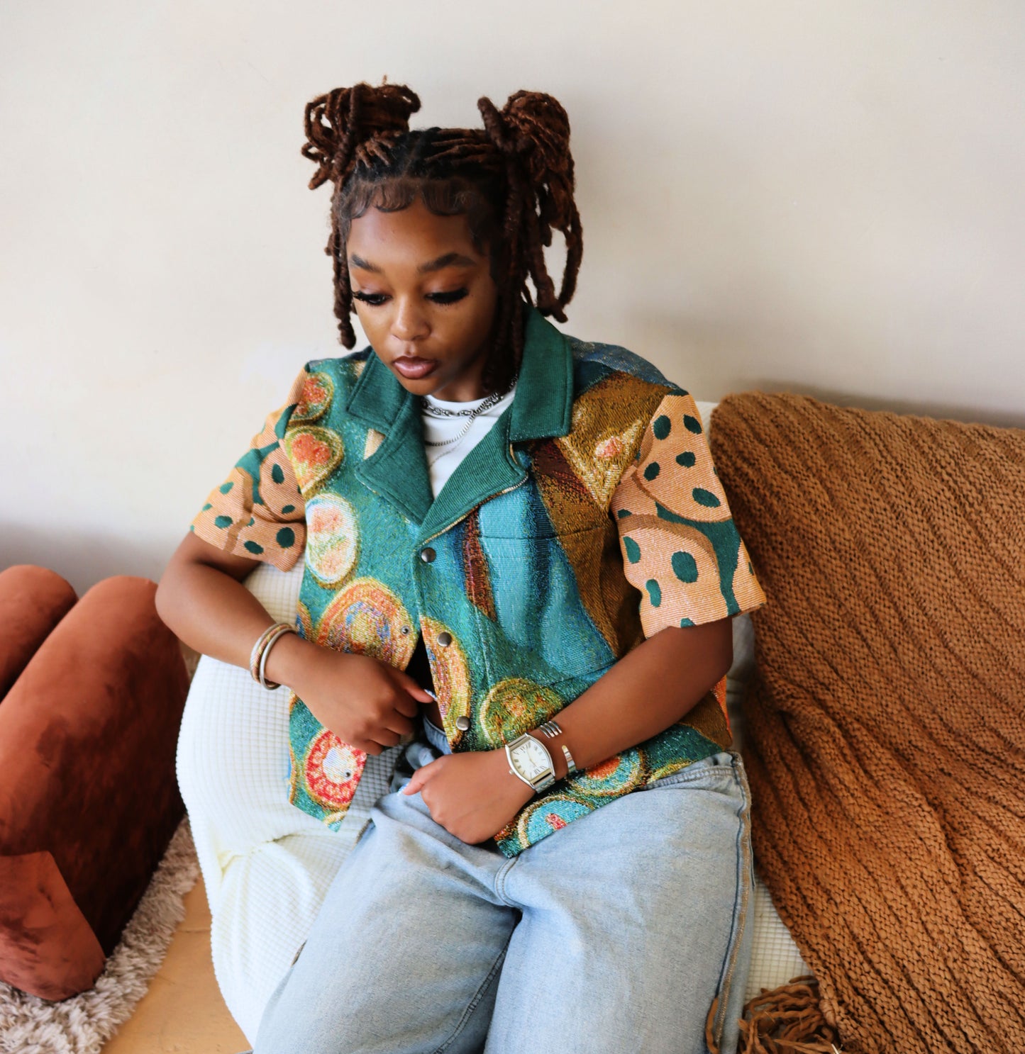 (WOMENS) GIRL SCOUT COOKIES HANDMADE TAPESTRY JACQUARD SHIRT