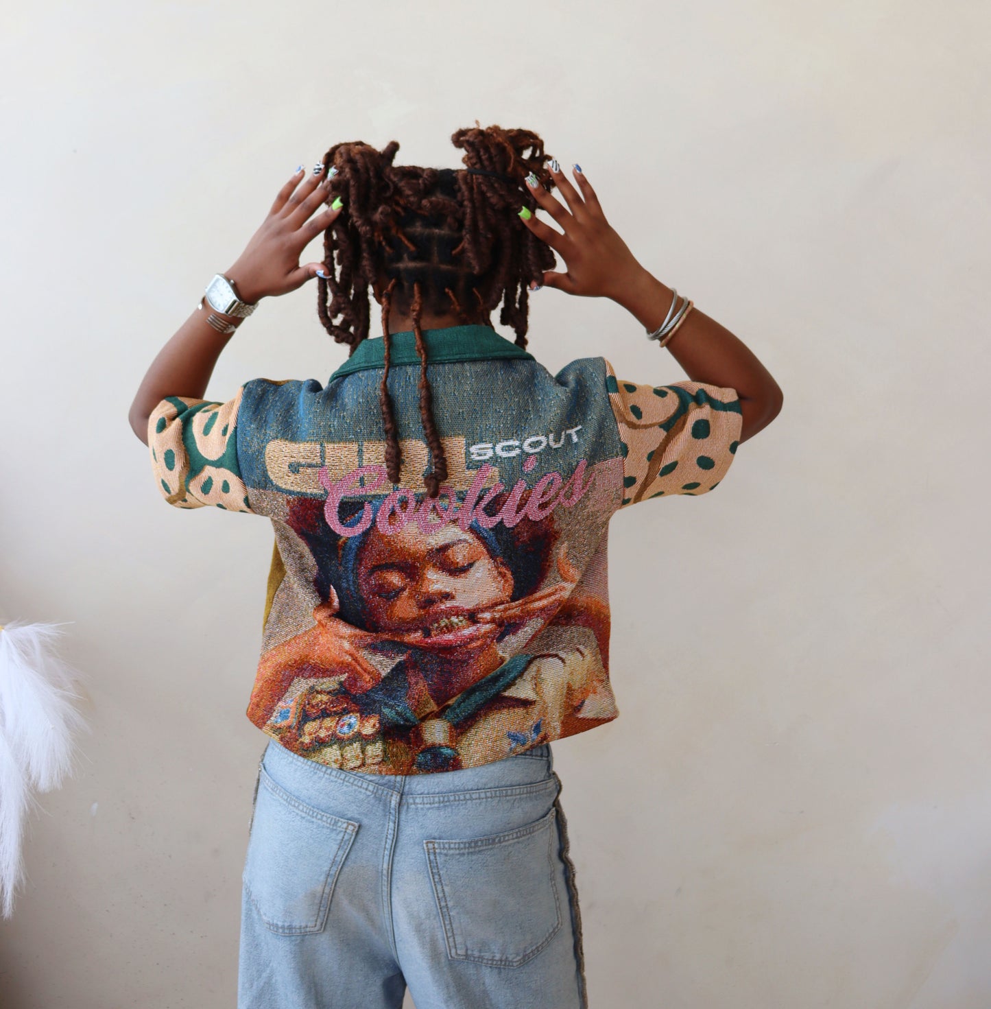 (WOMENS) GIRL SCOUT COOKIES HANDMADE TAPESTRY JACQUARD SHIRT