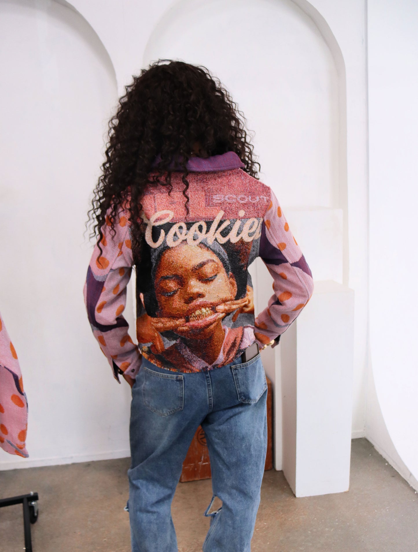 (WOMENS) GIRL SCOUT COOKIES HANDMADE TAPESTRY JACQUARD ZIPPERED PURPLE JACKET