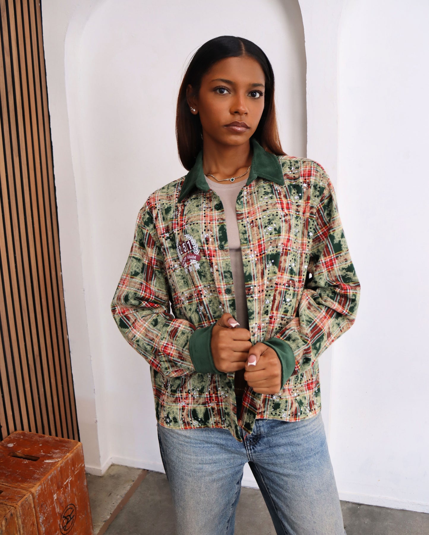 GIRL SCOUT COOKIES RHINESTONE FLANNEL SHIRT GREEN
