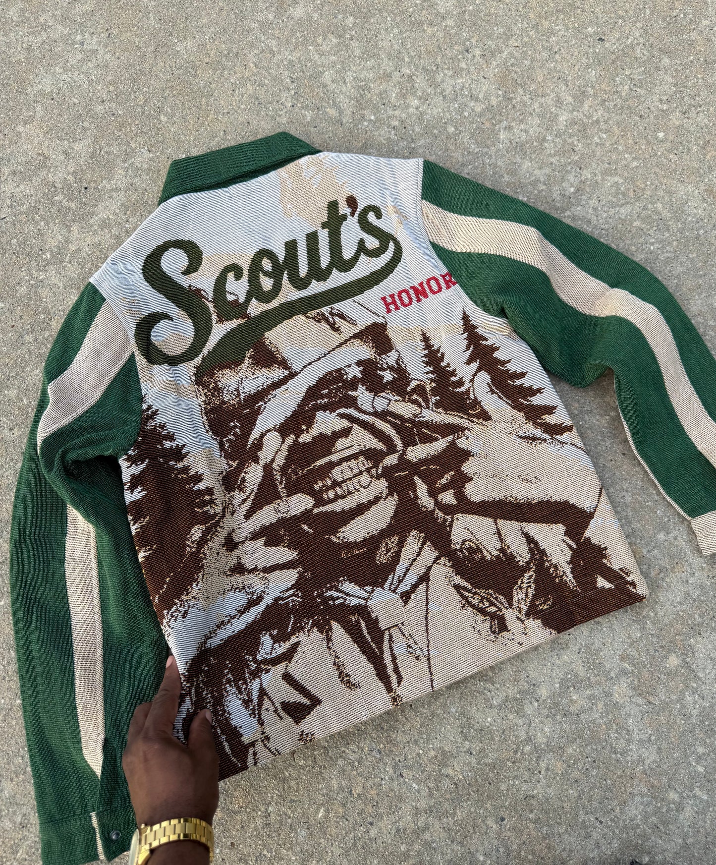 BOY SCOUTS OF AMERICA HANDMADE TAPESTRY JACQUARD ZIPPERED JACKET GREEN