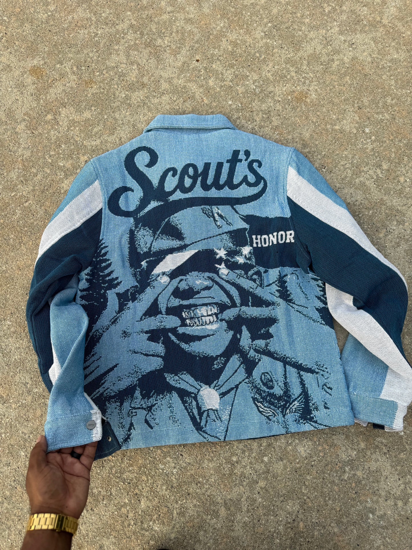 BOY SCOUTS OF AMERICA HANDMADE TAPESTRY JACQUARD ZIPPERED JACKET BLUE
