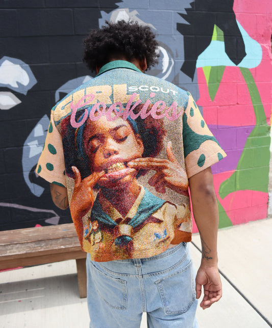 GIRL SCOUT COOKIES  HANDMADE TAPESTRY JACQUARD FABRIC WORK SHIRT