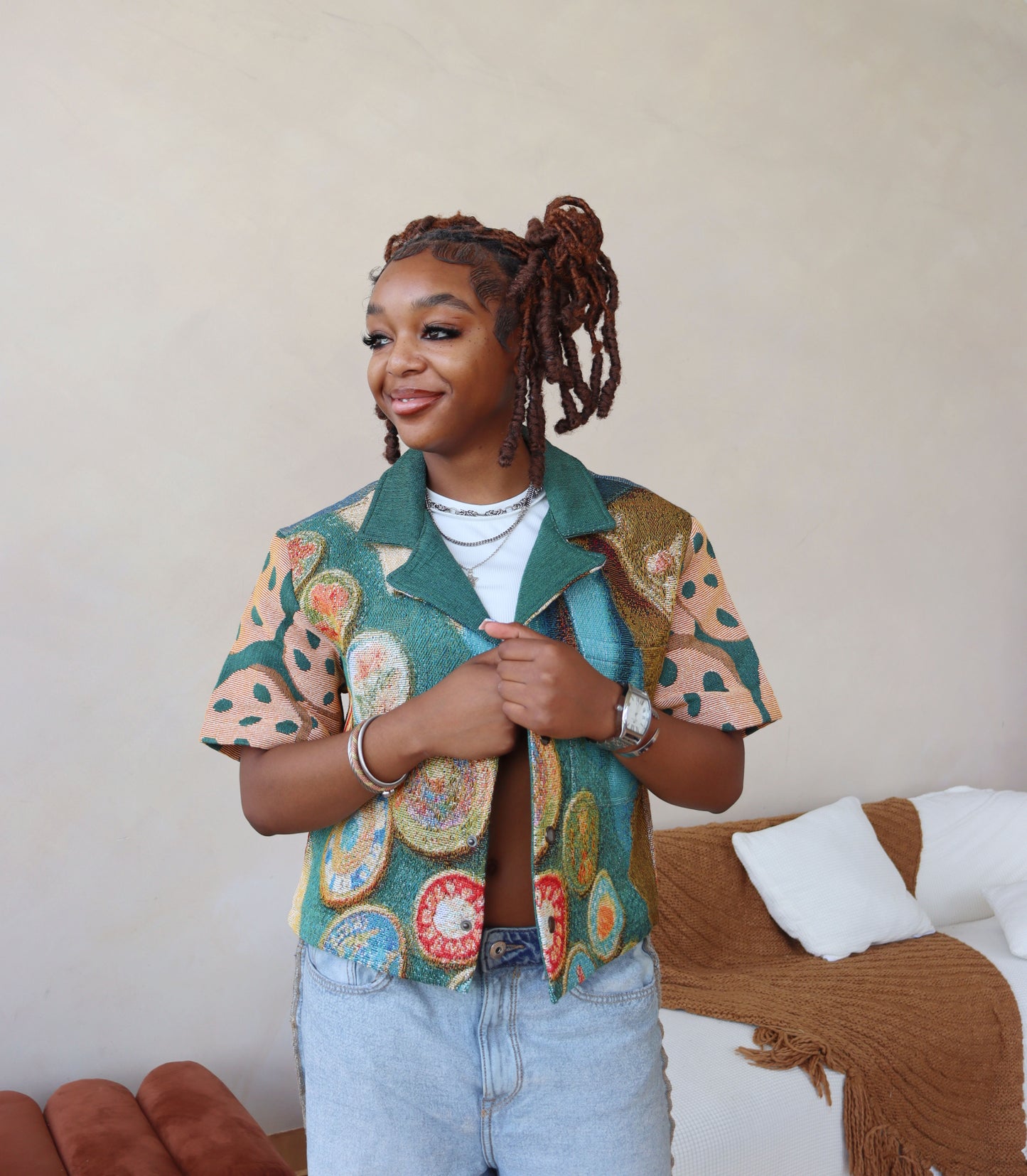 (WOMENS) GIRL SCOUT COOKIES HANDMADE TAPESTRY JACQUARD SHIRT