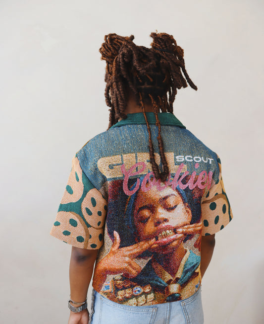 (WOMENS) GIRL SCOUT COOKIES HANDMADE TAPESTRY JACQUARD SHIRT
