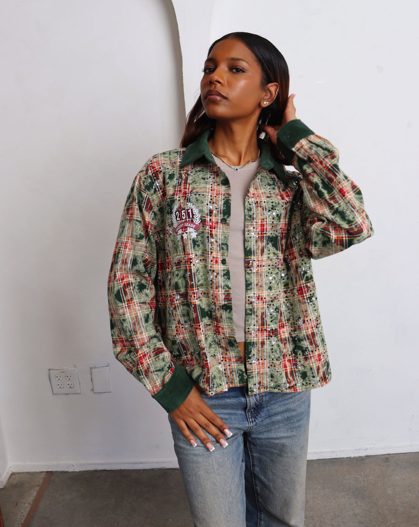 GIRL SCOUT COOKIES RHINESTONE FLANNEL SHIRT GREEN