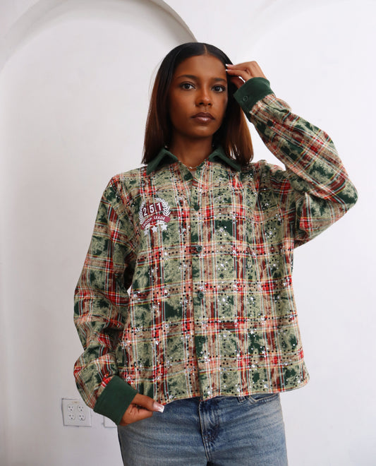 GIRL SCOUT COOKIES RHINESTONE FLANNEL SHIRT GREEN