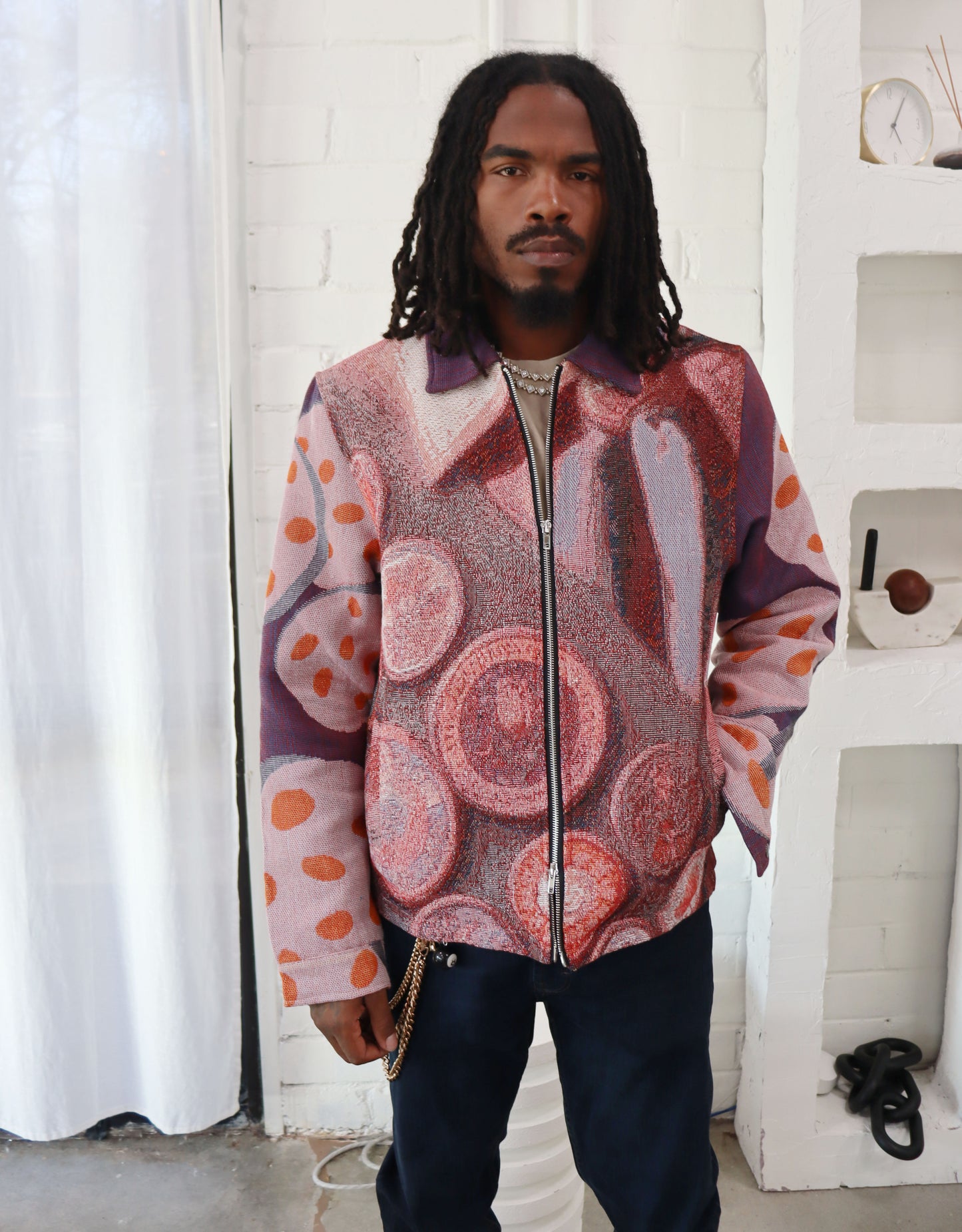 (MENS) GIRL SCOUT COOKIES HANDMADE TAPESTRY JACQUARD ZIPPERED JACKET PURPLE
