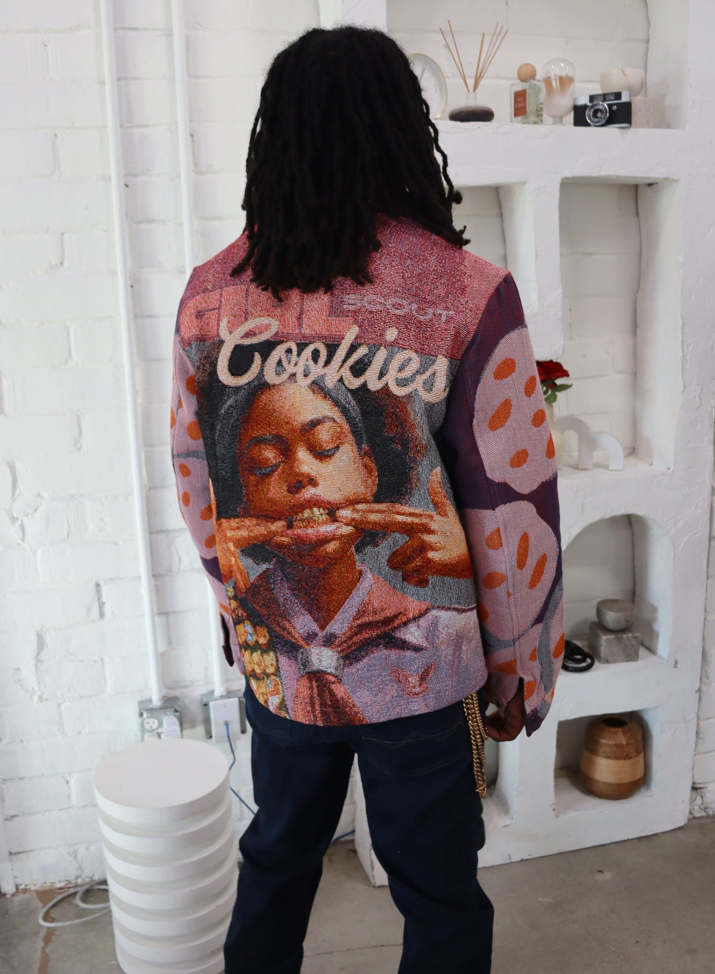 (MENS) GIRL SCOUT COOKIES HANDMADE TAPESTRY JACQUARD ZIPPERED JACKET PURPLE