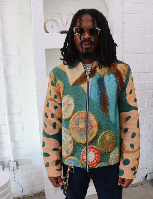 (MENS) GIRL SCOUT COOKIES HANDMADE TAPESTRY JACQUARD ZIPPERED JACKET