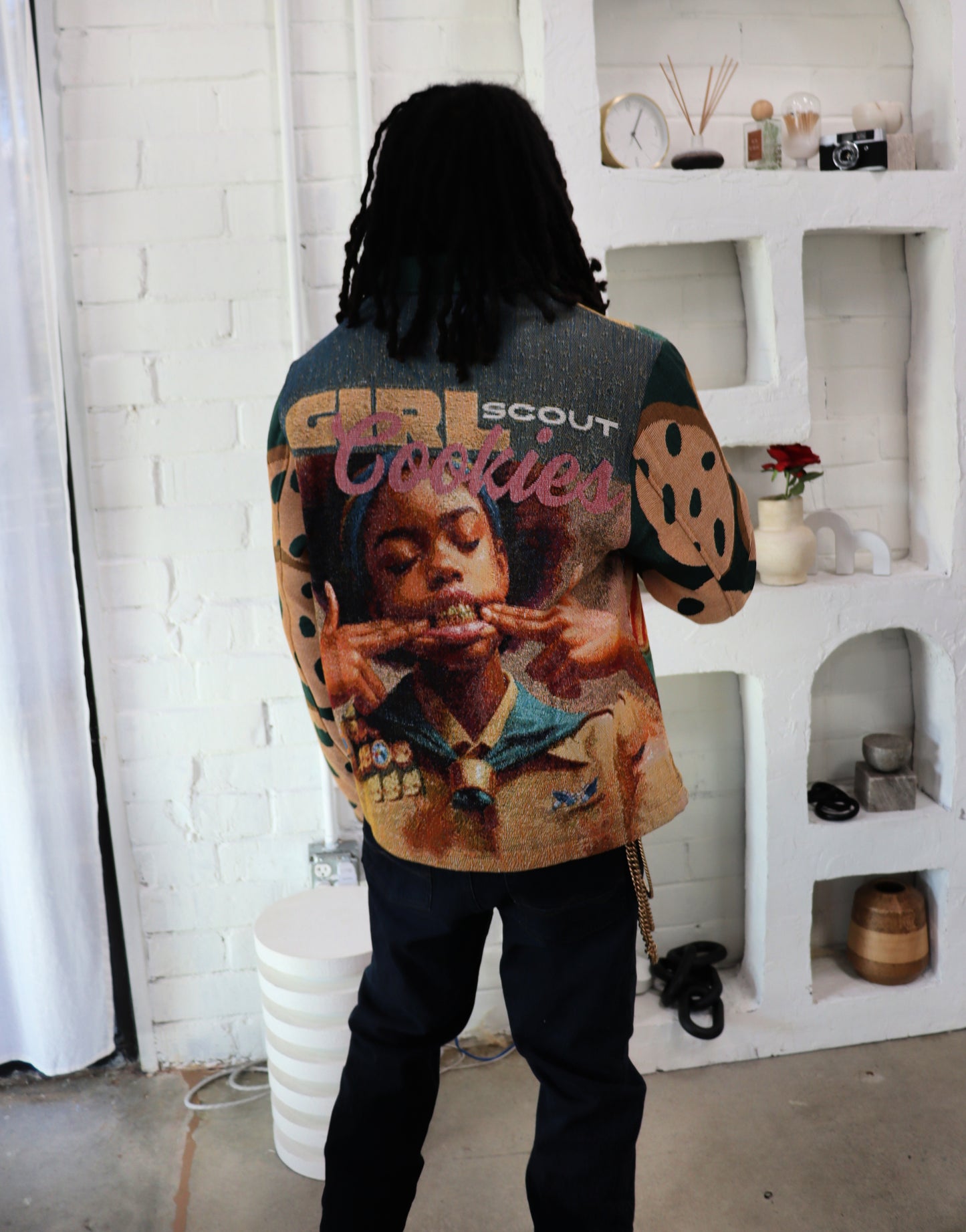 (MENS) GIRL SCOUT COOKIES HANDMADE TAPESTRY JACQUARD ZIPPERED JACKET