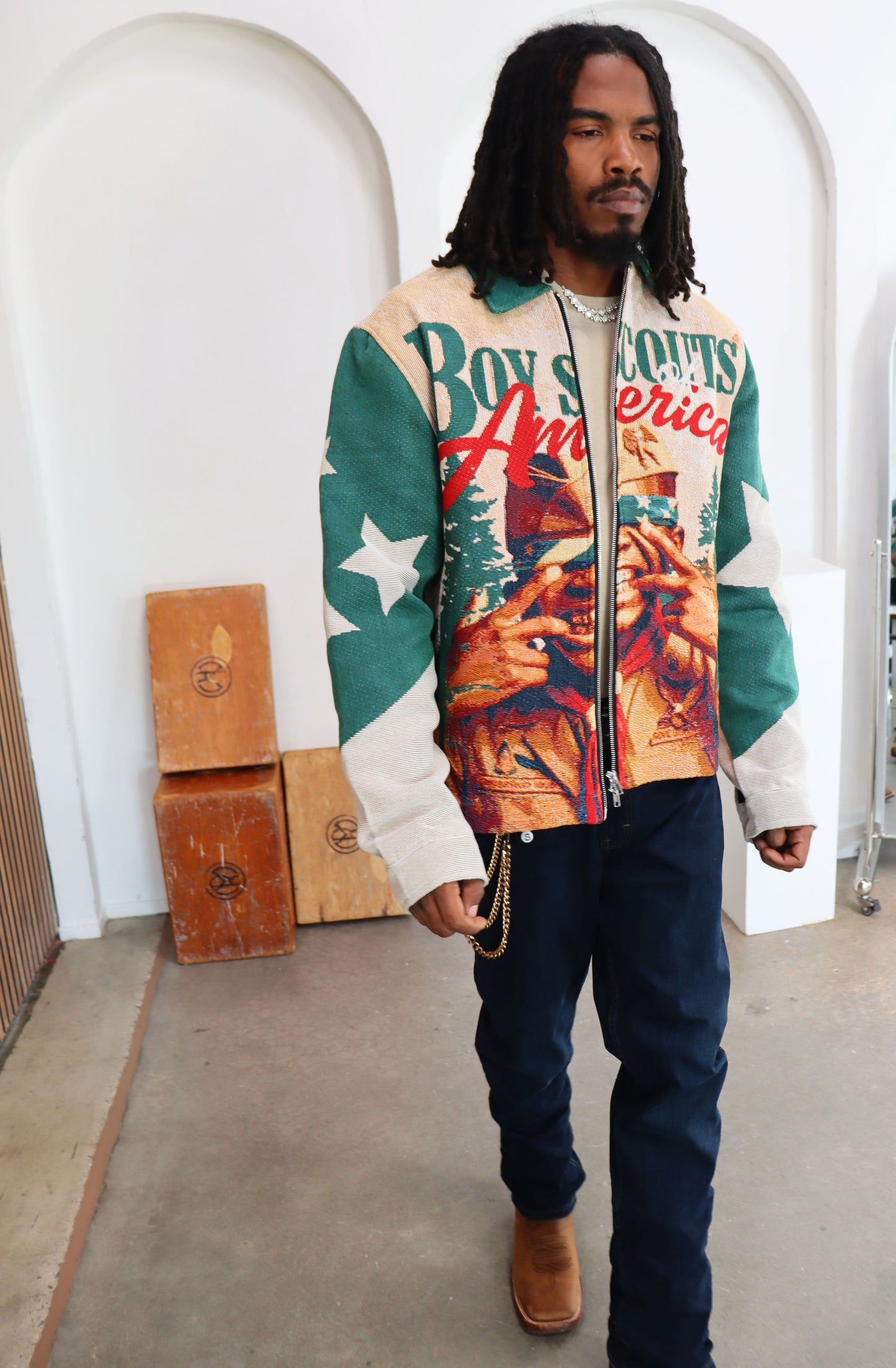 BOY SCOUTS OF AMERICA HANDMADE TAPESTRY JACQUARD ZIPPERED JACKET