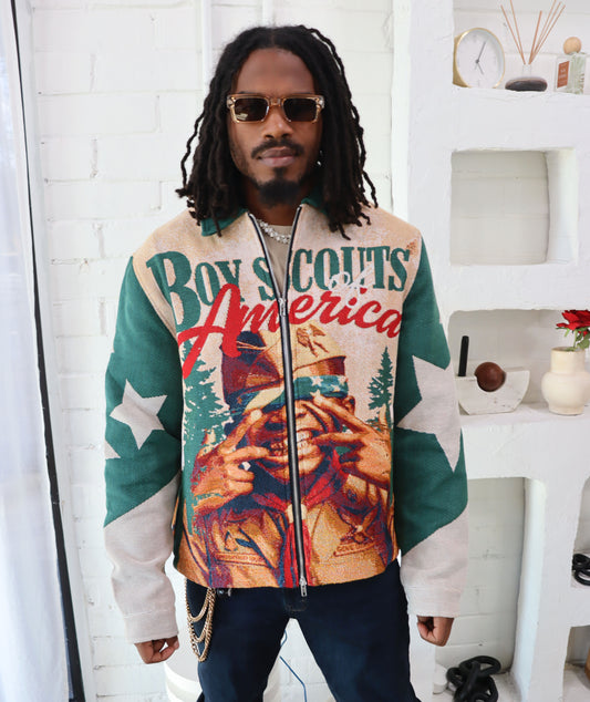 BOY SCOUTS OF AMERICA HANDMADE TAPESTRY JACQUARD ZIPPERED JACKET