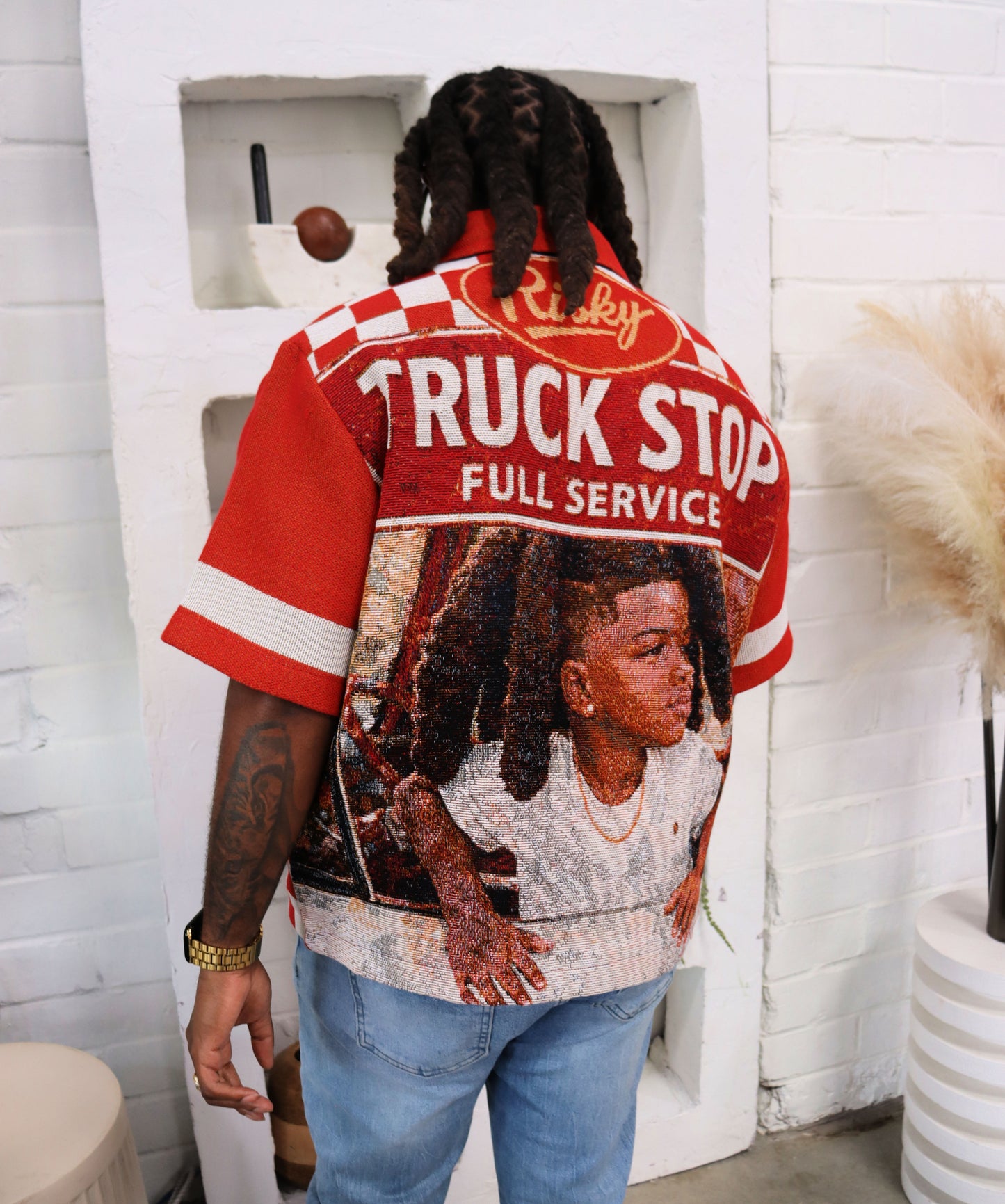 TRUCK STOP HANDMADE TAPESTRY JACQUARD FABRIC WORK SHIRT RED