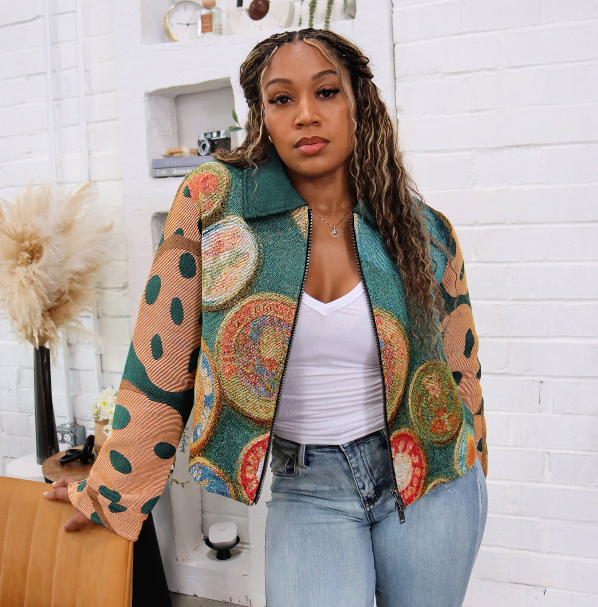 (WOMENS) GIRL SCOUT COOKIES HANDMADE TAPESTRY JACQUARD ZIPPERED JACKET