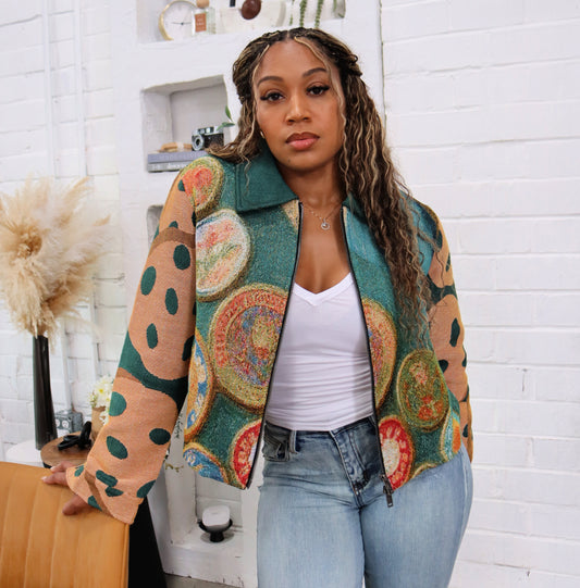(WOMENS) GIRL SCOUT COOKIES HANDMADE TAPESTRY JACQUARD ZIPPERED JACKET