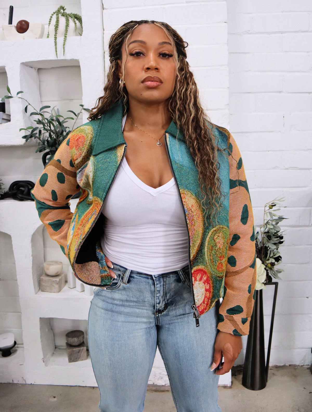 (WOMENS) GIRL SCOUT COOKIES HANDMADE TAPESTRY JACQUARD ZIPPERED JACKET