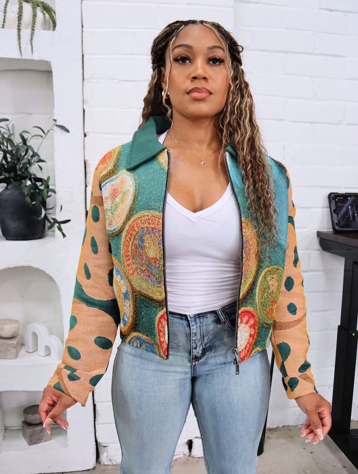 (WOMENS) GIRL SCOUT COOKIES HANDMADE TAPESTRY JACQUARD ZIPPERED JACKET