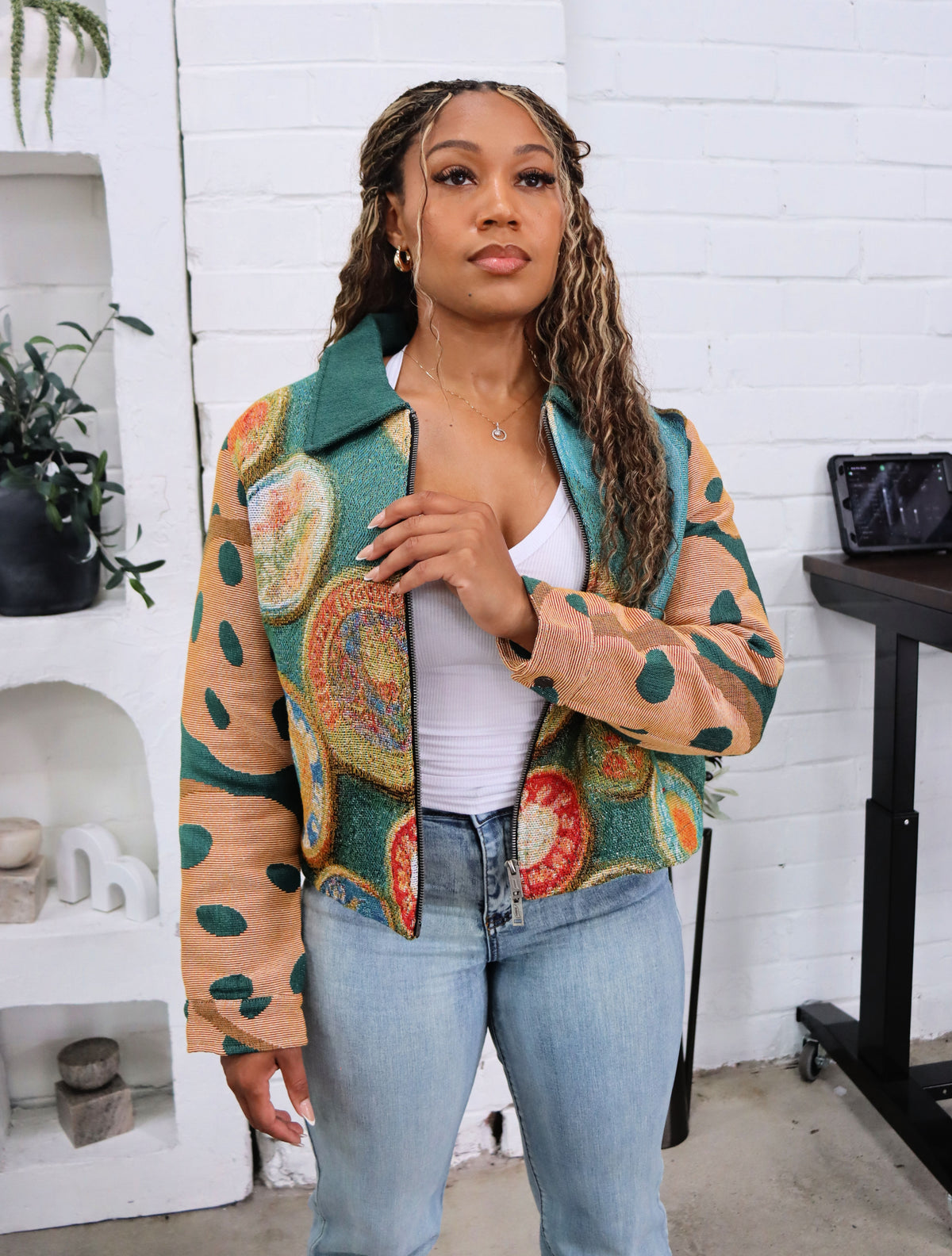 (WOMENS) GIRL SCOUT COOKIES HANDMADE TAPESTRY JACQUARD ZIPPERED JACKET