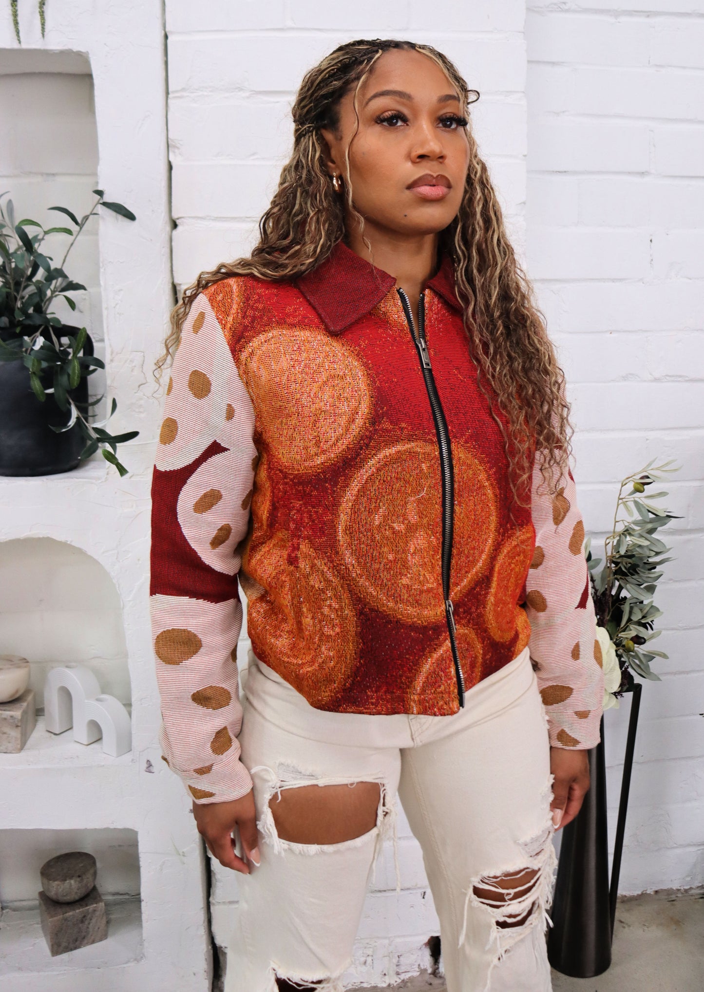 (WOMENS) GIRL SCOUT COOKIES HANDMADE TAPESTRY JACQUARD ZIPPERED JACKET BURGUNDY