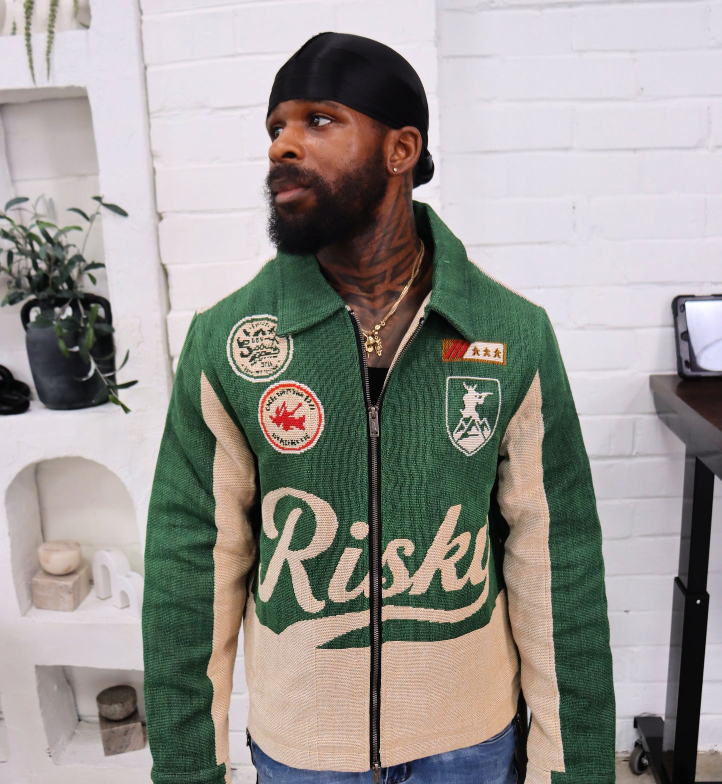 BOY SCOUTS OF AMERICA HANDMADE TAPESTRY JACQUARD ZIPPERED JACKET GREEN