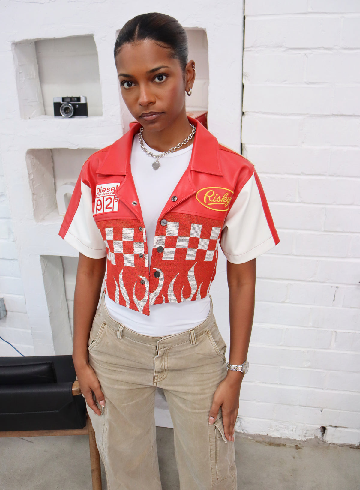 (WOMENS) TRUCK STOP HANDMADE TAPESTRY JACQUARD CROP SHIRT RED