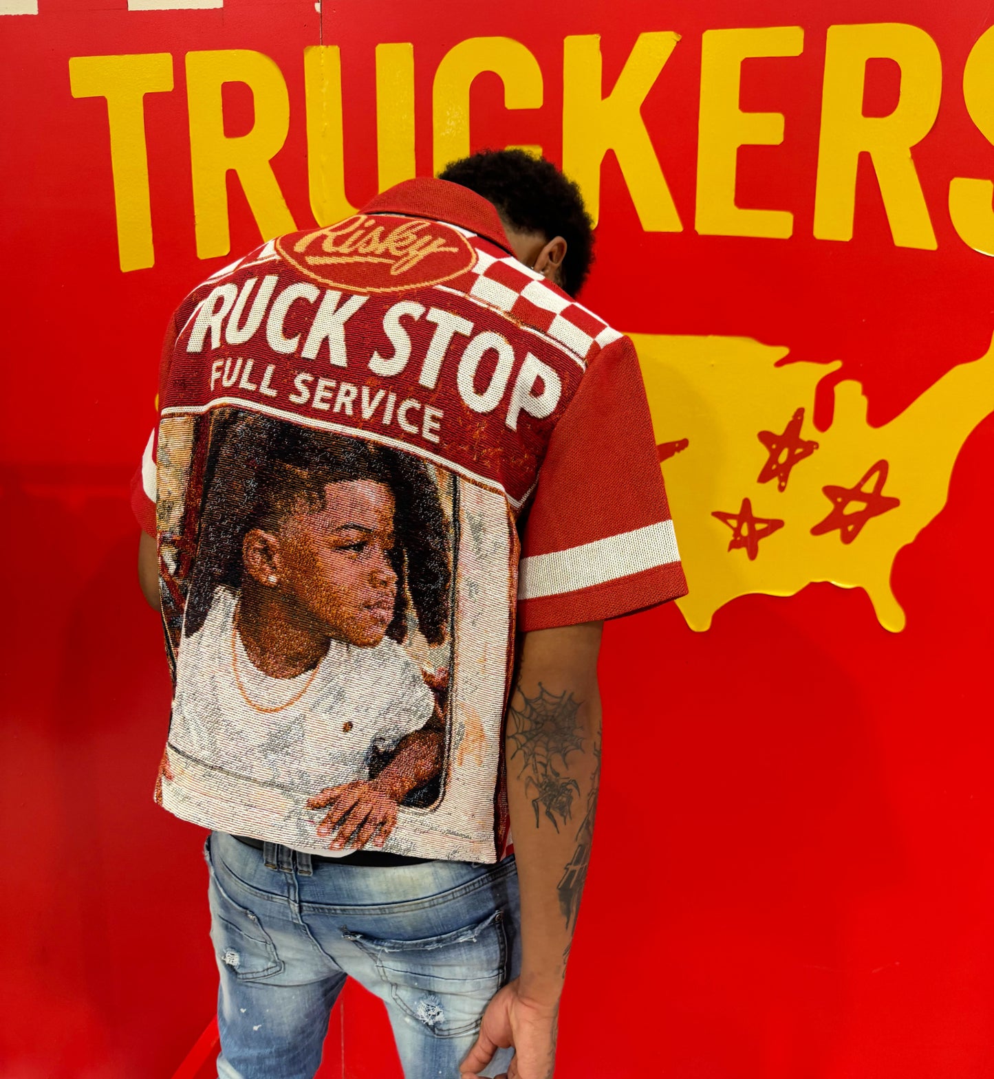 TRUCK STOP HANDMADE TAPESTRY JACQUARD FABRIC WORK SHIRT RED