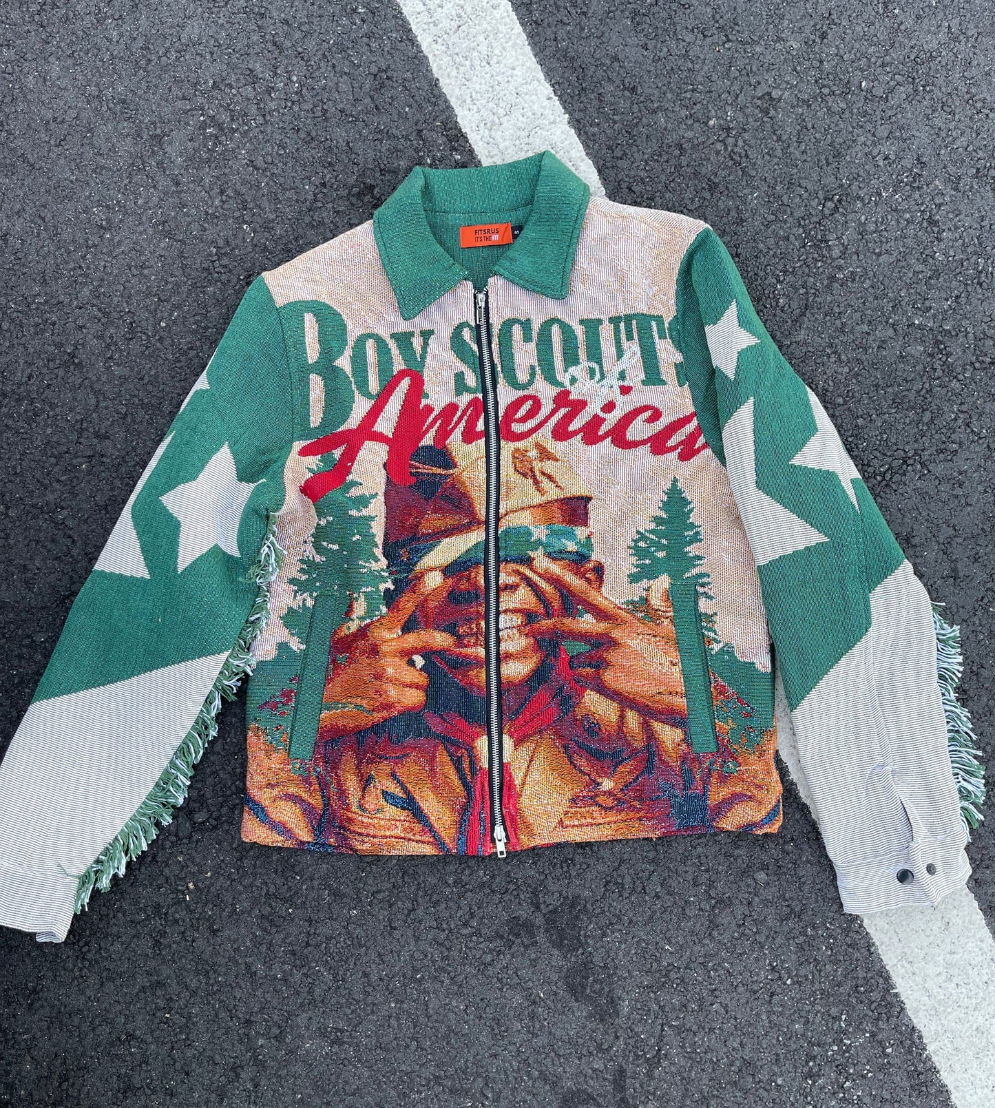 BOY SCOUTS OF AMERICA HANDMADE TAPESTRY JACQUARD ZIPPERED JACKET